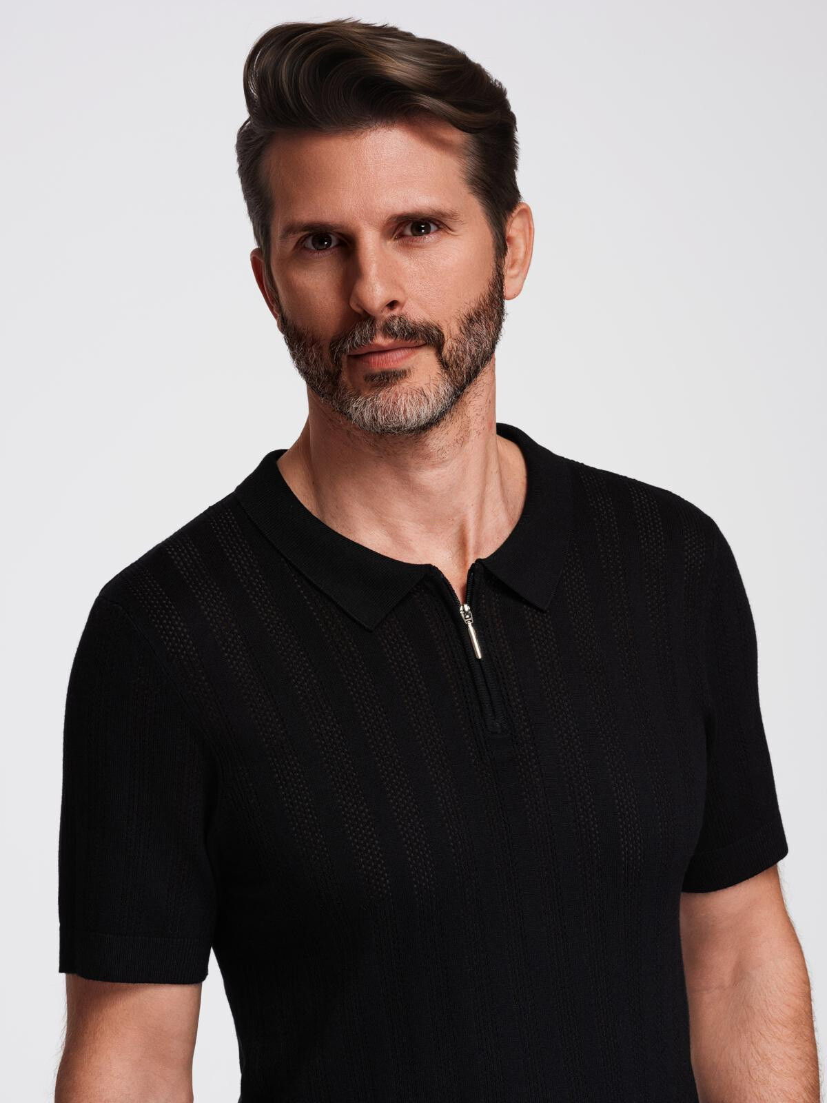 Ombre Men's openwork polo shirt with zipper at neckline - black