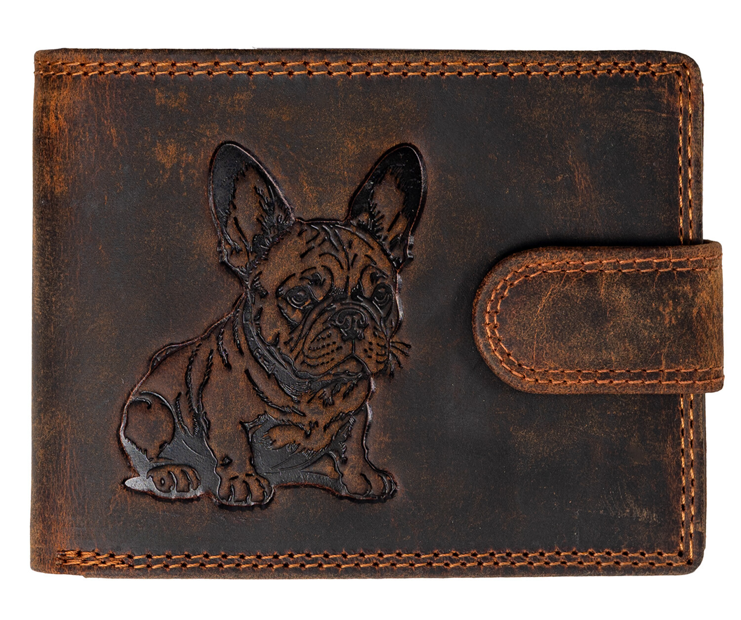 WILD Kožená peněženka s přeskou - Francouzský buldoček - hnědá