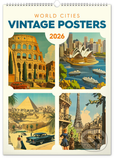 NOTIQUE Nástenný kalendár Vintage plagáty – svetové mestá 2026, 33 x 46 cm - Notique