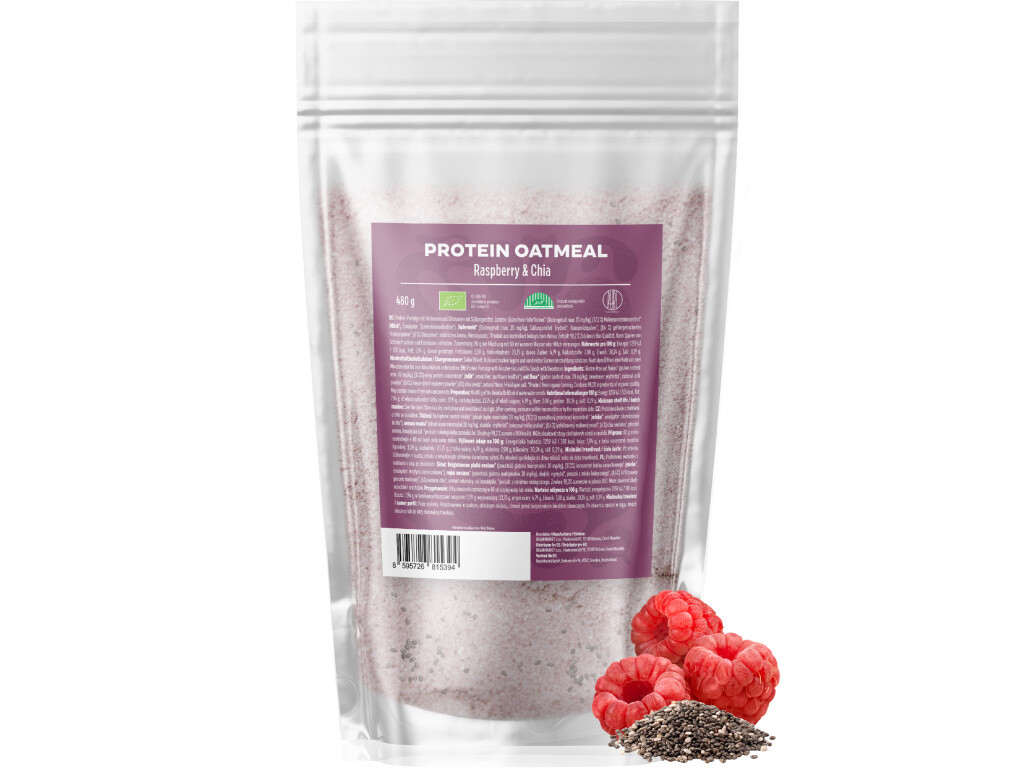 BrainMax Pure Proteinová ovesná kaše, malinová s chia, BIO, 480 g