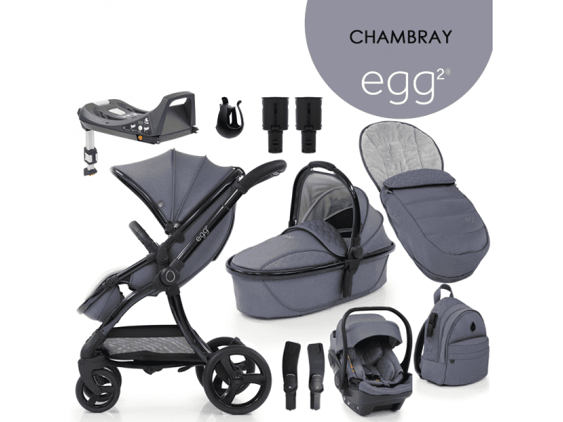 Egg 2 SET PLATINUM 9 v 1 CHAMBRAY /Blue, kočárek, korba, autosedačka, multiadaptér, batoh, fusak, držák nápojů, zvyš.adaptér, báze