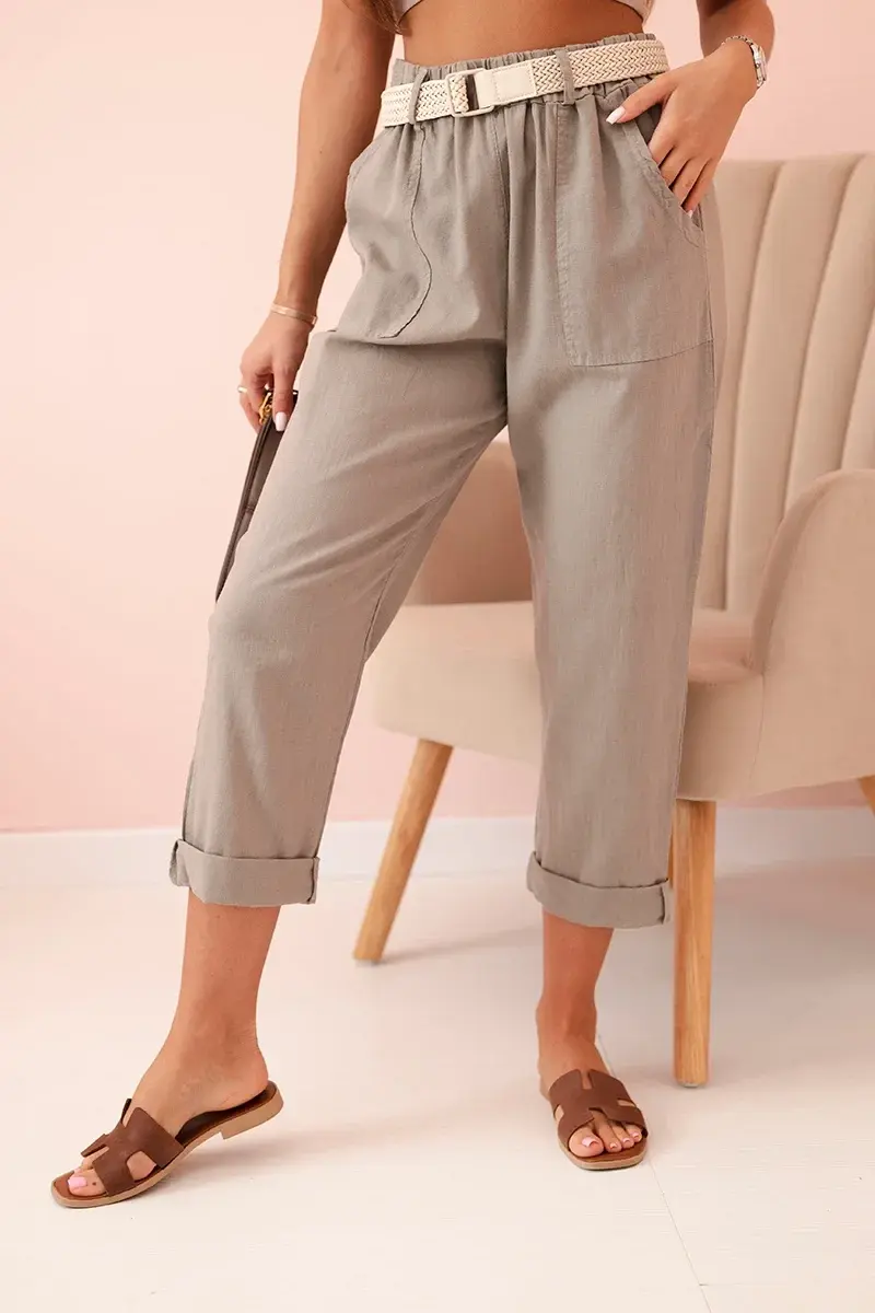 Kesi Włoski Dámské lněné kalhoty s bavlnou a páskem fango