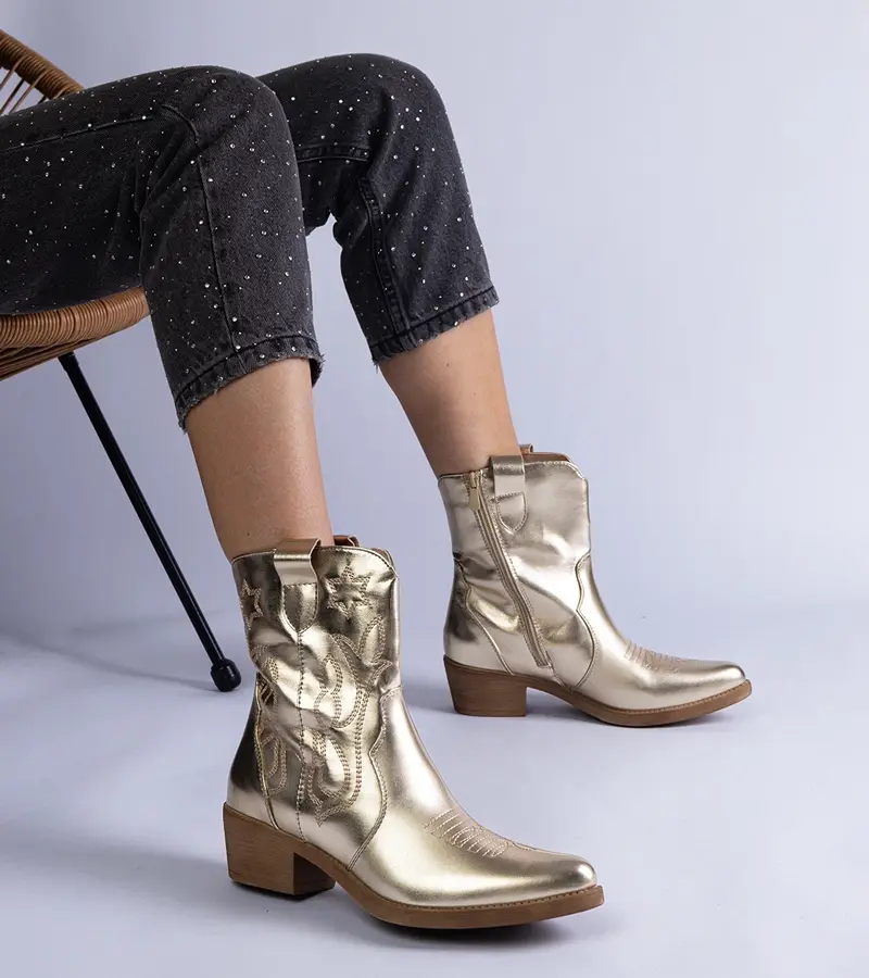 Gemre Metallic Madeira Gold Ankle Cowboy Boots on Block Heel