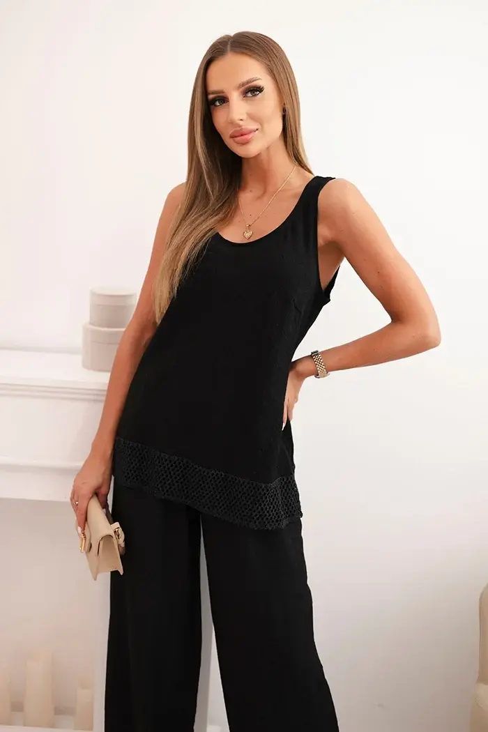 Kesi Włoski Dámská souprava z viskózy, top na širokých ramínkách a kalhoty s širokým střihem černý