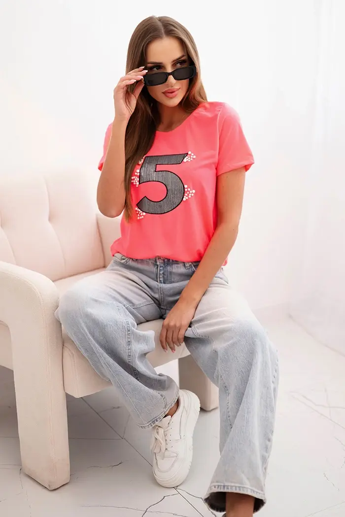 Kesi Dámská bavlněná blůza s krátkým rukávem a nášivkou s perlami růžová neon