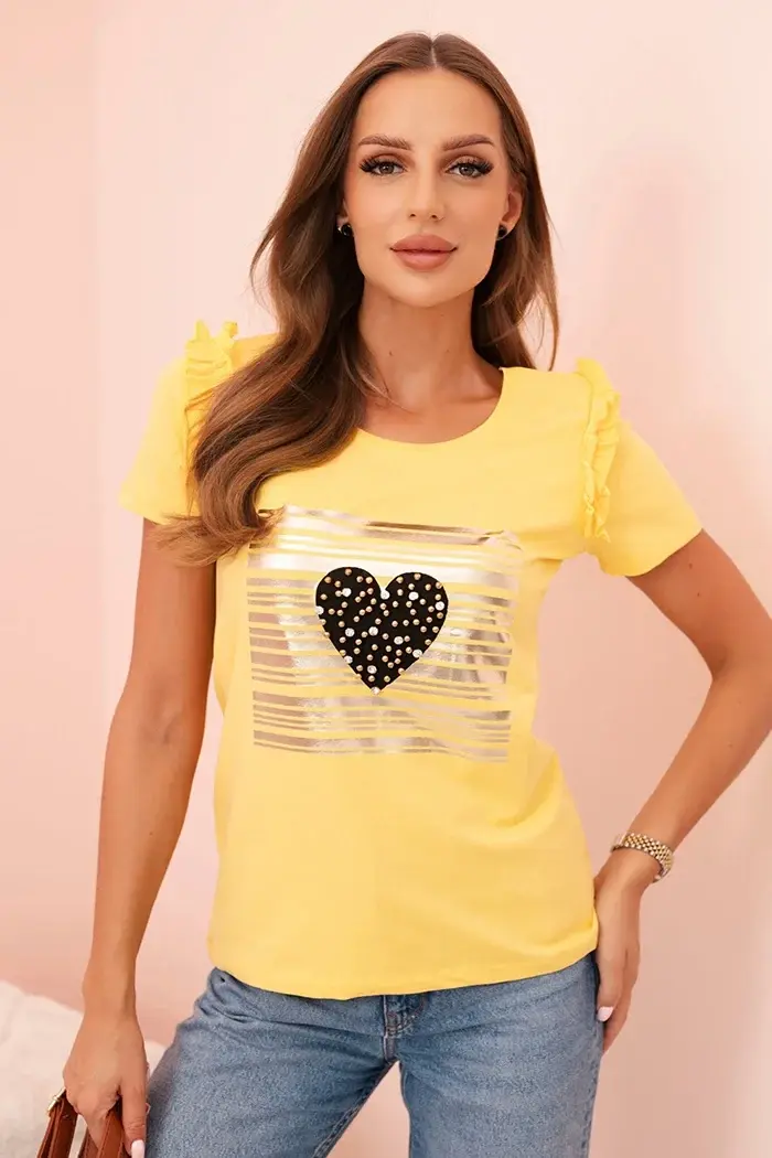 Kesi Dámská bavlněná blůza s volánkem a srdcem z kamínků žlutá