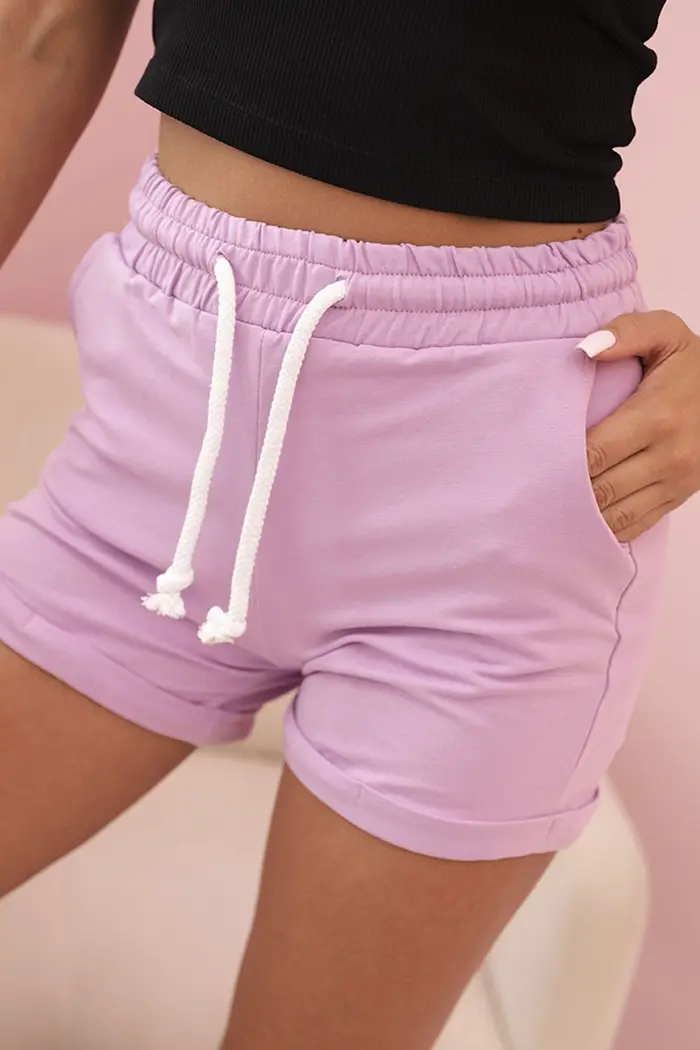 Kesi Dámské bavlněné šortky s gumou a zavazováním v pase světle fialové