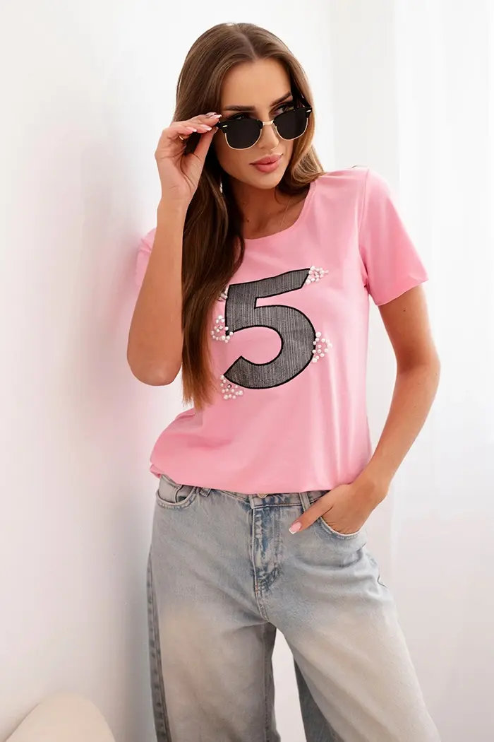 Kesi Dámská bavlněná blůza s krátkým rukávem a nášivkou s perlami světle růžová
