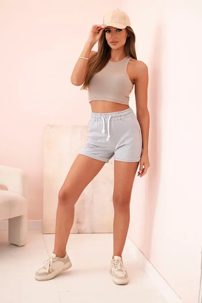 Kesi Dámské bavlněné šortky s gumou a vázáním v pase šedý melír