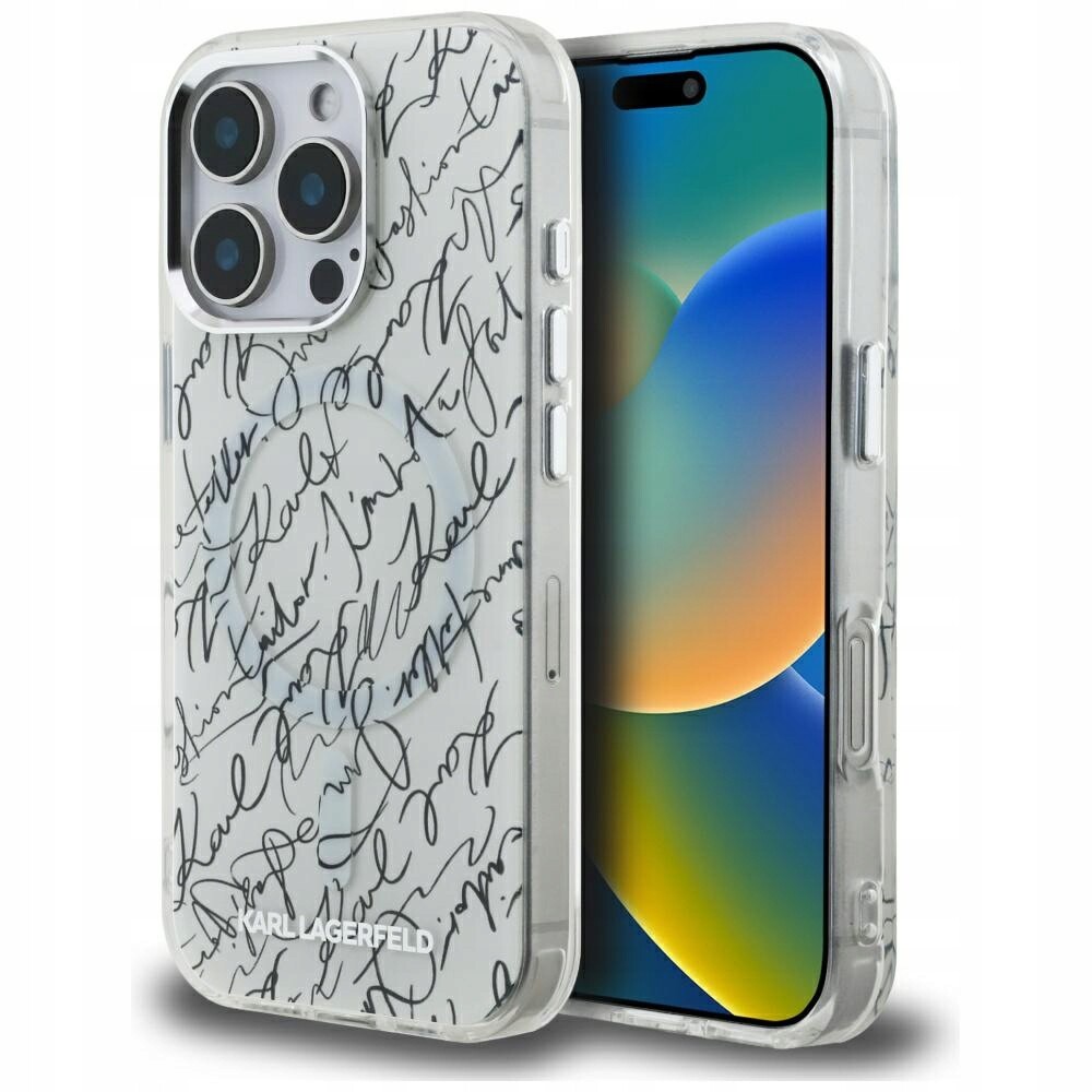 Pouzdro Karl Lagerfeld IML Karl Script Pattern pro iPhone 16 Pro Max, bílé