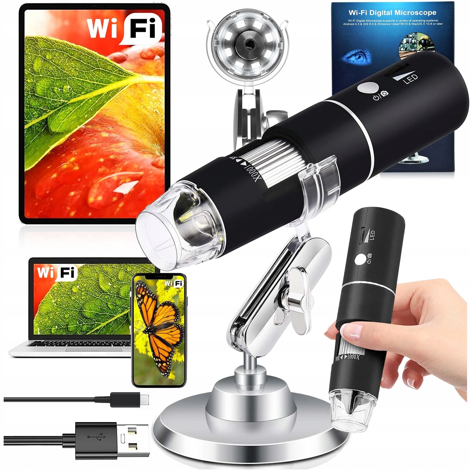 Digitální Mikroskop 1000x 2MP 8 Led Wifi Android iOS 1000x Usb-c 360