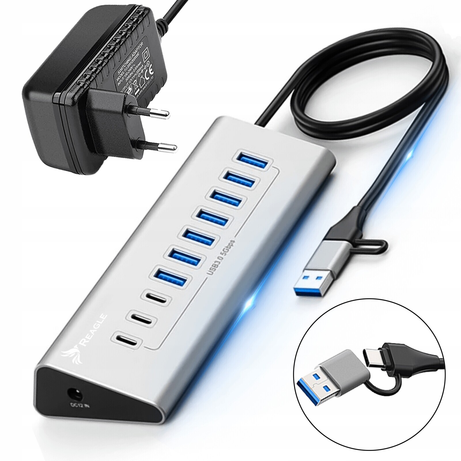 Aktivní Usb Hub S Napájecím Zdrojem 36 W, 10 Portů Usb 3.2, Rozbočovač