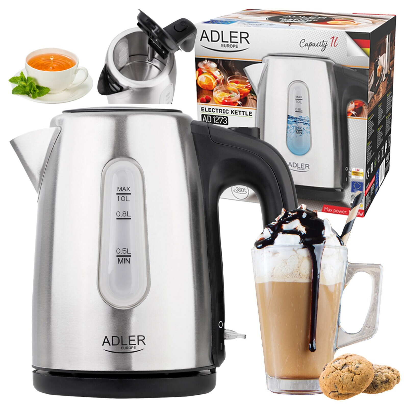 2 x malá elektrická konvice 1 l, výkonná, 1200 W, bezdrátová, ocelová, Inox Fi