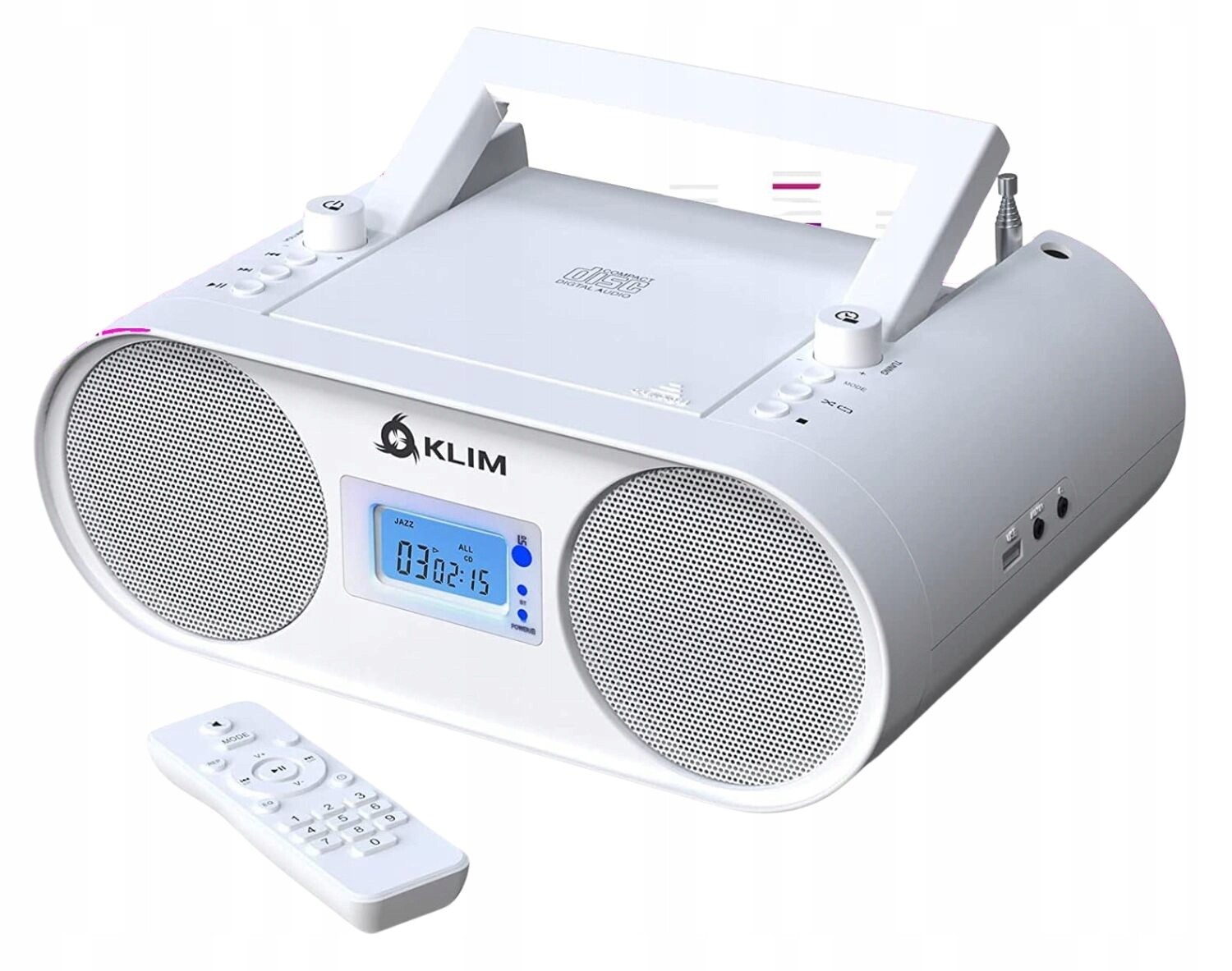 Boombox Klim B4, Vestavěná Baterie CD MP3 Bluetooth Usb Aux Pilot, bílý
