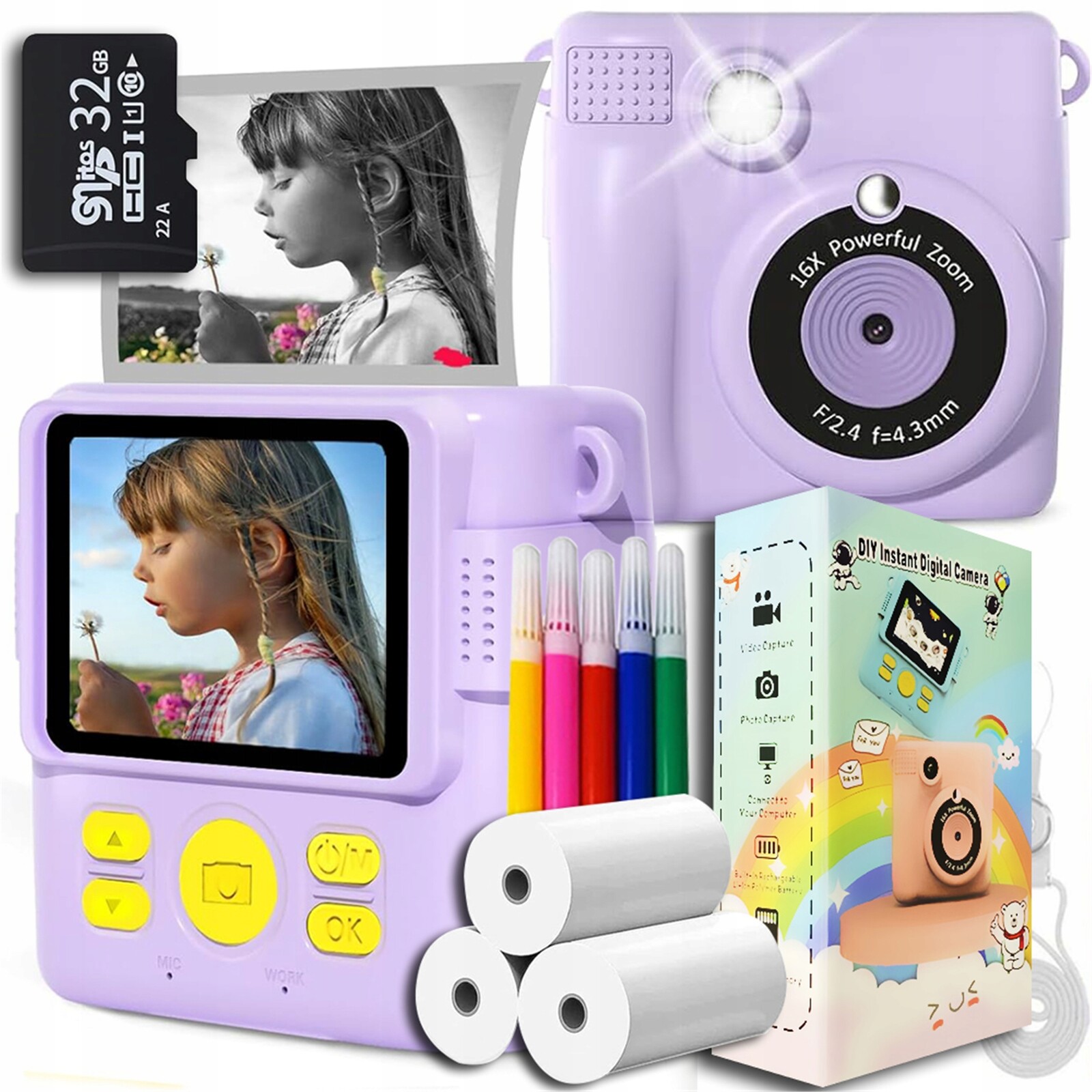 Aparat Natychmiastowy Cyfrowy Dla Dzieci Z Drukarką Karta 32GB Fioletowy
