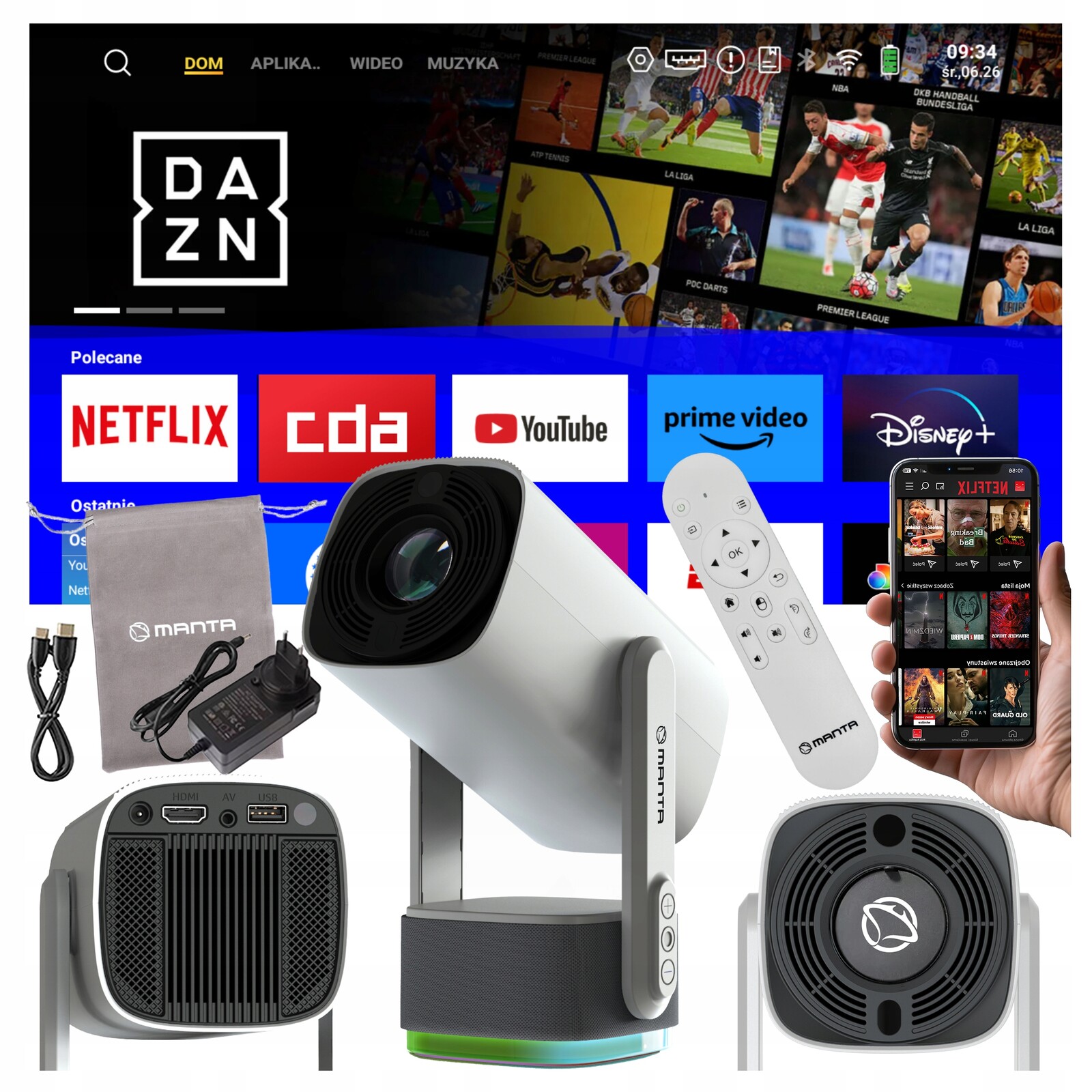 Projektor Akumulátor Přenosný 4K Otočný Led Mobilní Smart Hdmi