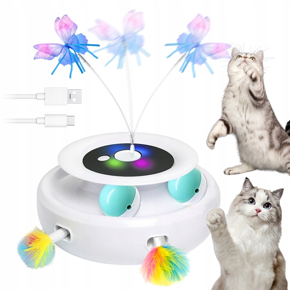 Elektrická Hračka Pro Kočky – 1300 Mah, Časovač, 2 Motýli A Peří