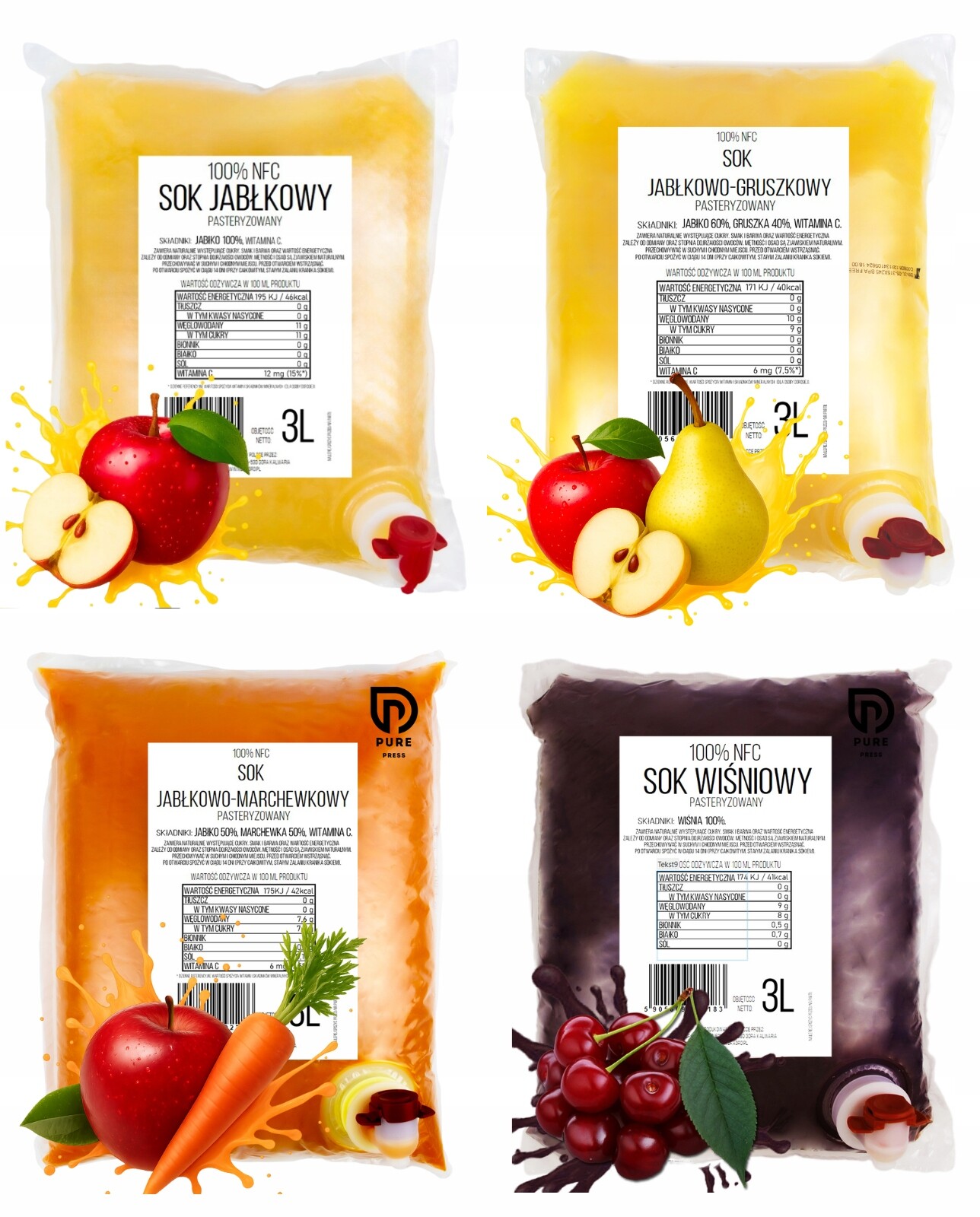 4 x 3L Džusy 100% Nfc Pure Press Jablko Hruška Jablko Mrkev Višeň