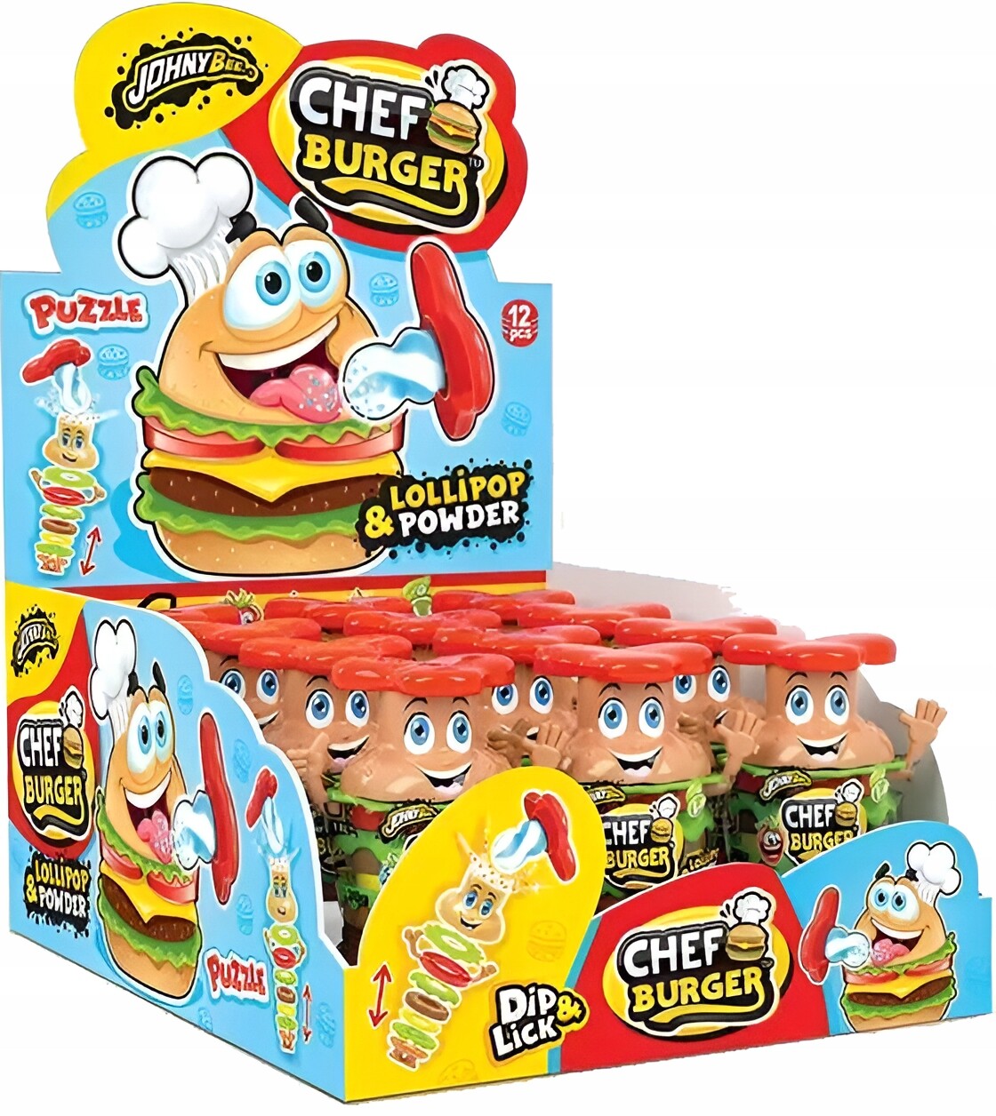 Johny Bee Chef Burger Lízátko S Práskacím Práškem v prášku Puzzle 15g 12 Ks