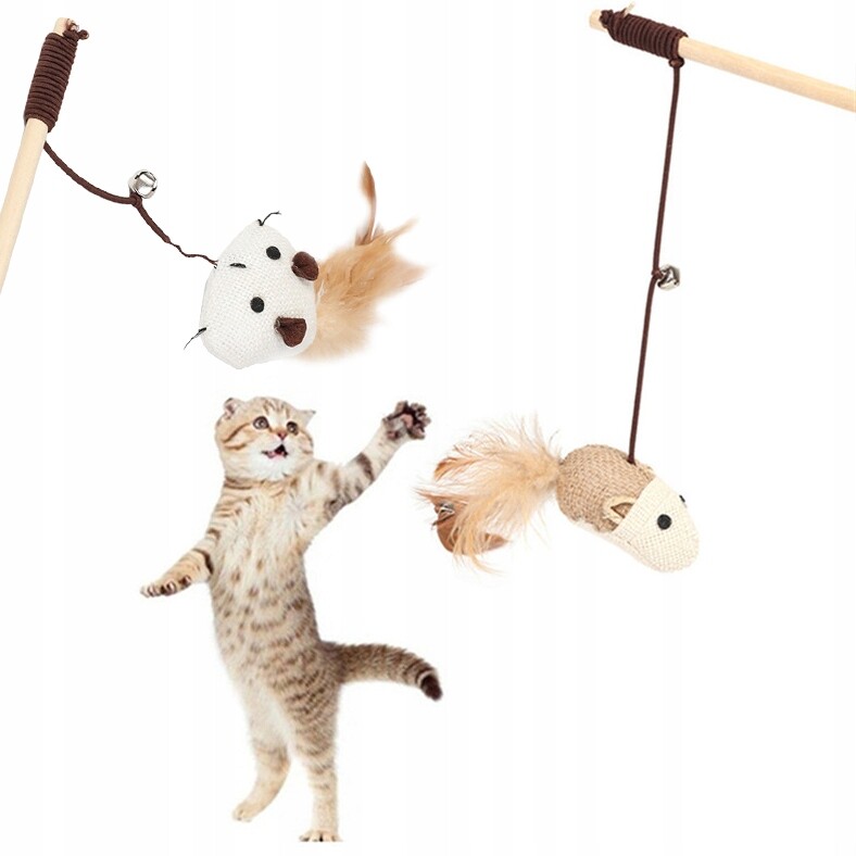 Ruční hádanka s kočkou, dřevěná tyč, lněná myš, interaktivní hračka s hádankou s kočkou