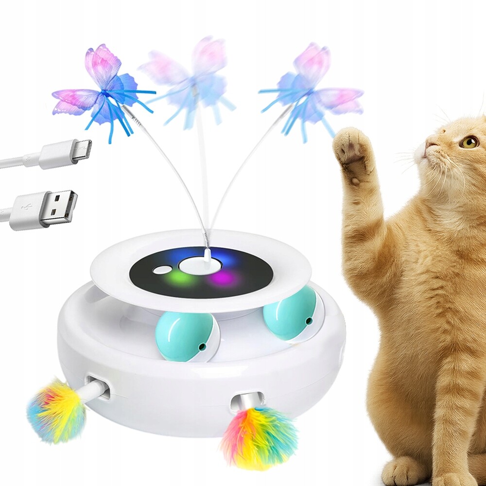 Interaktivní Hračka Pro Kočky Kolo S Motýlkem A Usb Peříčky