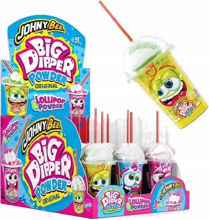 Johny Bee Lízátko Big Dipper Powder na mačkání s ovocnou příchutí 47 g 12 ks