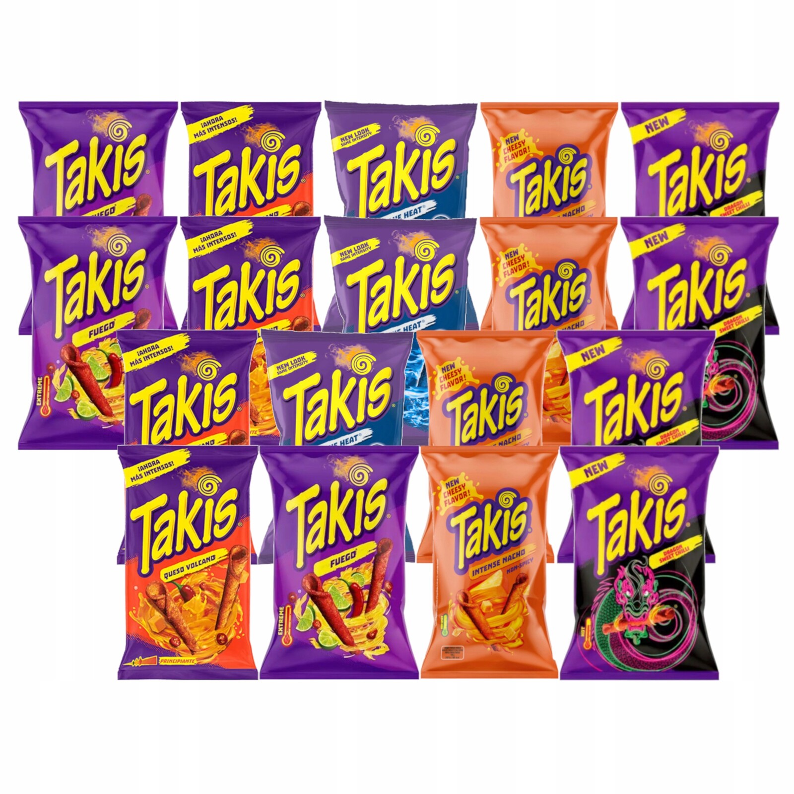 Takis Fuego Dragon Queso Volcano Nacho Blue Heat Chipsy mix chutí 18 x 100 g