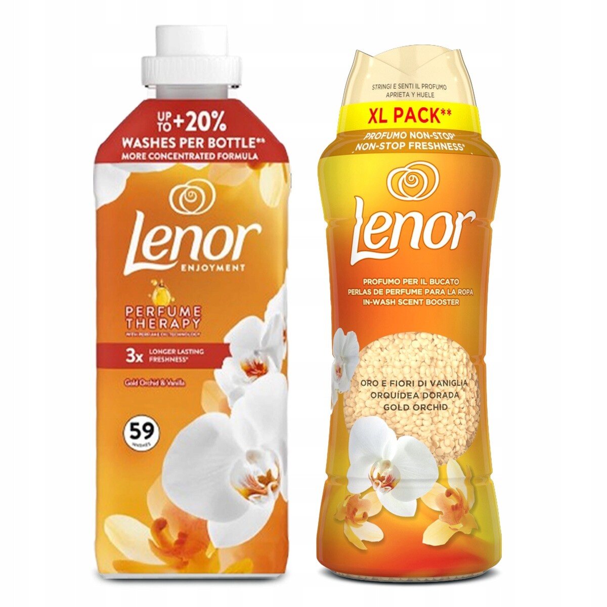 Sada Lenor Vanilla Orchid tekutá aviváž 1,25 l vonné perličky 495 g