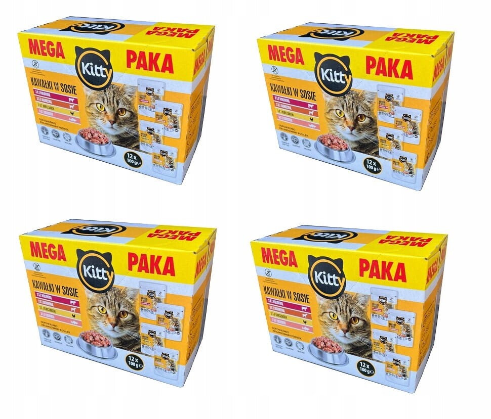 Krmivo pro dospělé kočky Kitty mix chutí v omáčce Paka 4,8 kg 48 sáčků