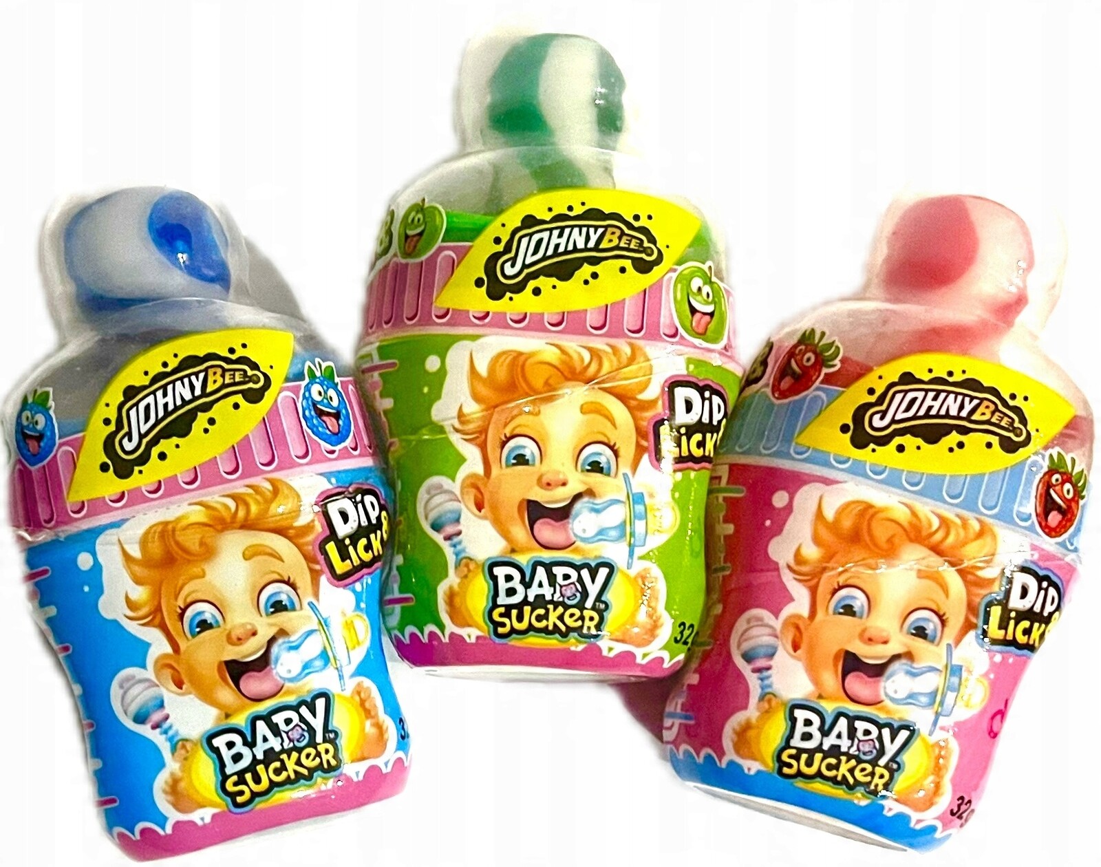 Johny Bee Lízátko v prášku ve tvaru dudlíku s ovocnou příchutí 32 g 12 Ks