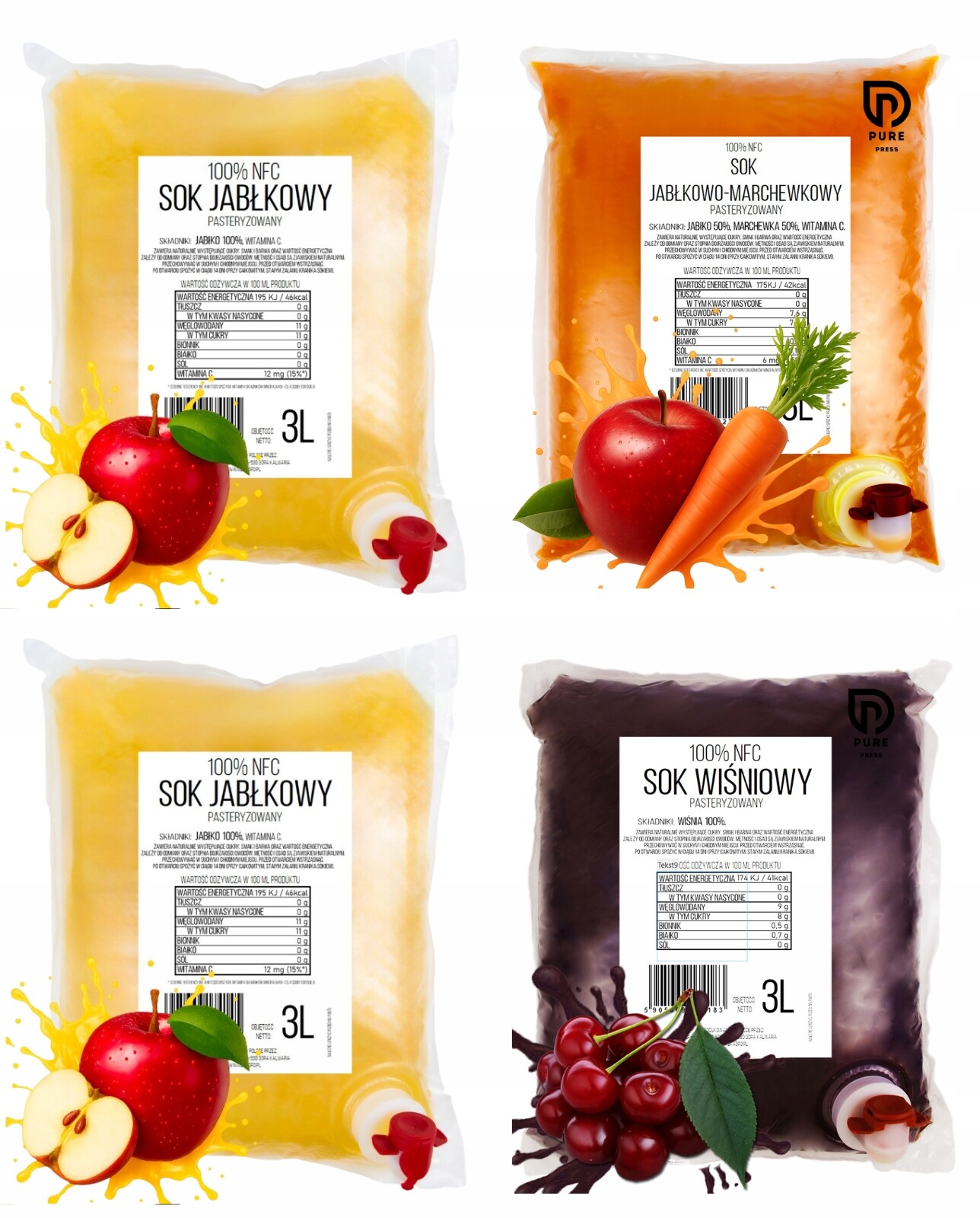 4 x 3L Šťávy 100% Nfc Pure Press Jablko, Mrkvové Jablko, Višeň