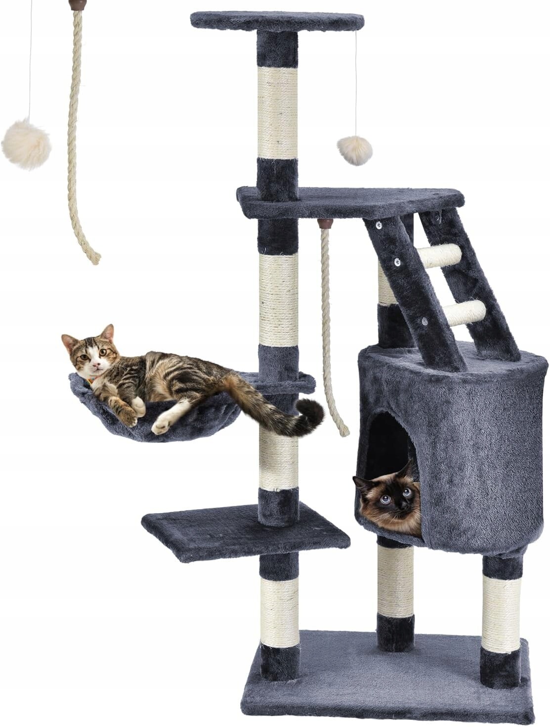 Škrabadlo pro kočky 118 cm jeskyně, škrabací sloupky, pelíšek, hrací lano