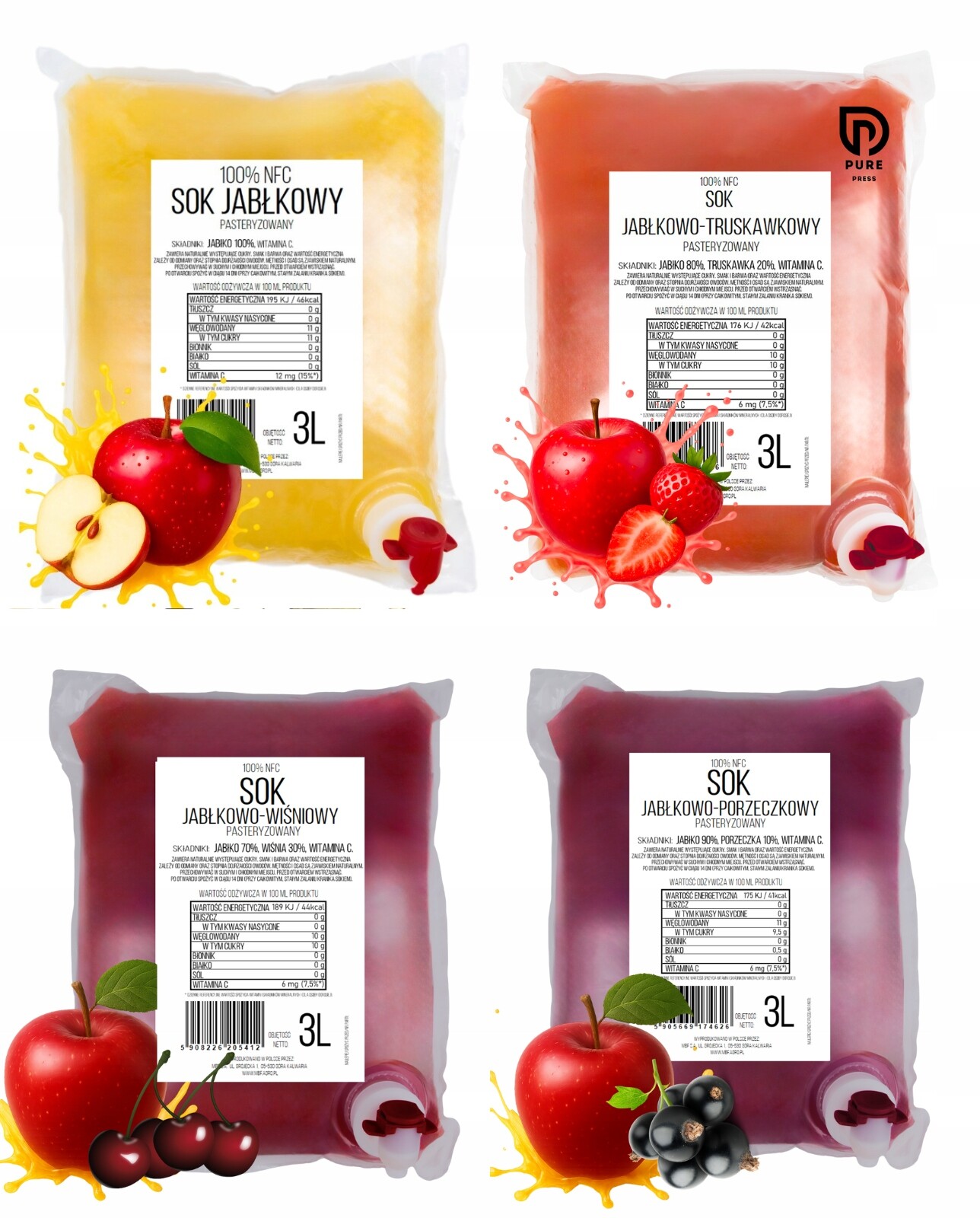 4 x 3L Šťávy 100%NFC Jablko Jahoda Jablko Rybíz Jablko Višeň