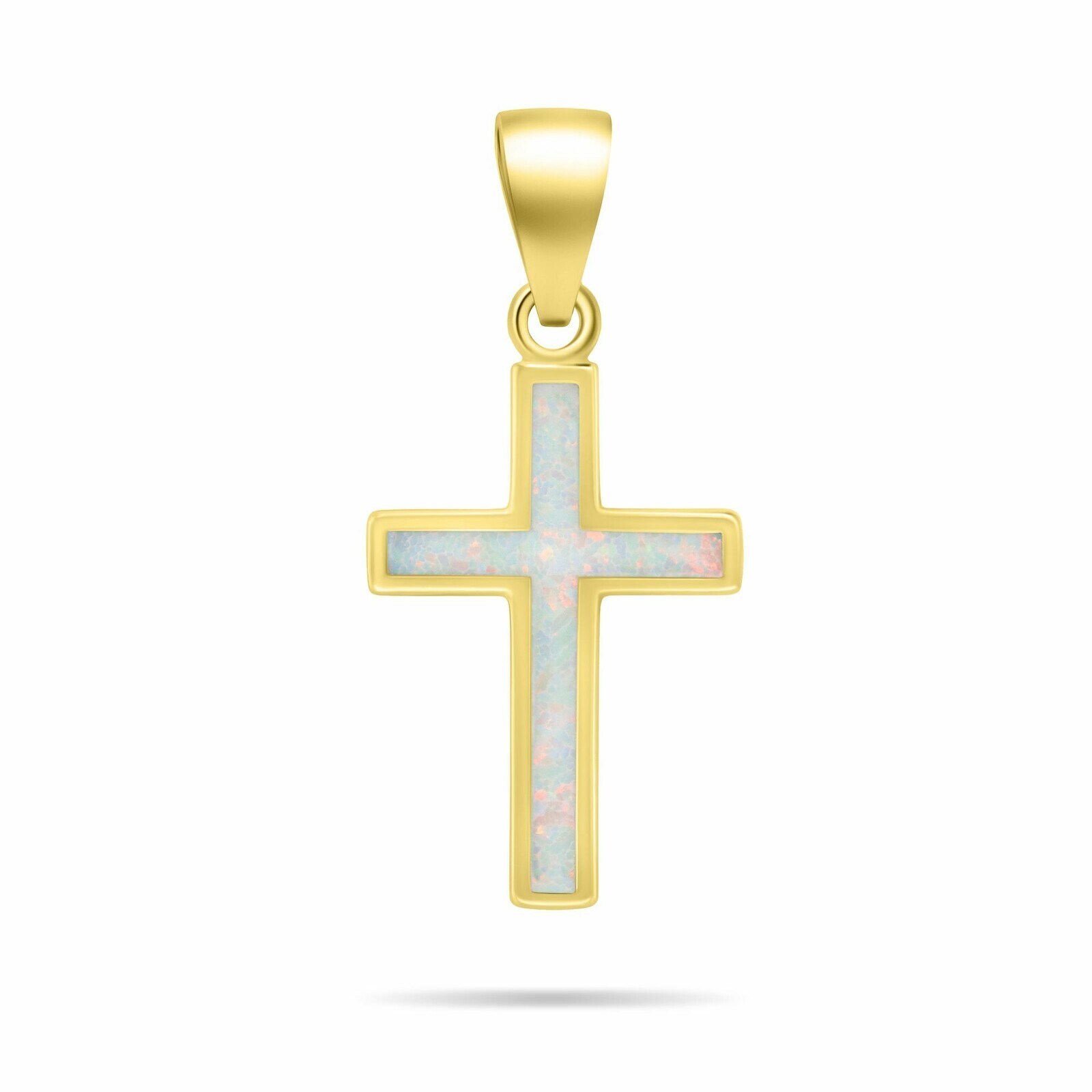 Brilio Silver Pozlacený přívěsek Křížek s bílým syntetickým opálem PT141Y