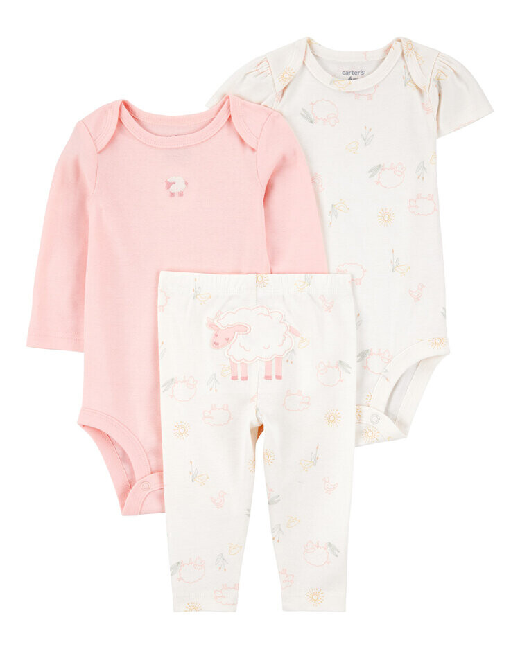 CARTER'S Set 3dílný body kr.- dl. rukáv kalhoty Ivory /Pink Sheep holka 12m/ vel.80