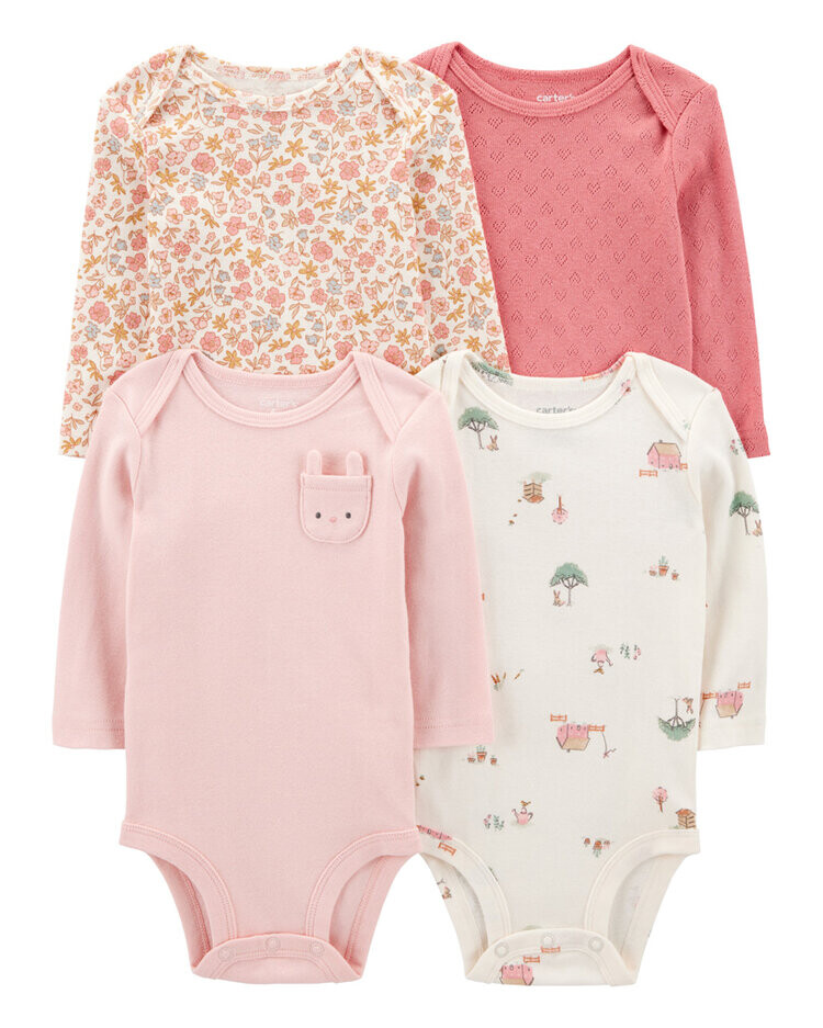 CARTER'S Body dlouhý rukáv Pink/Bunny Floral holka 4ks 24m, vel. 92