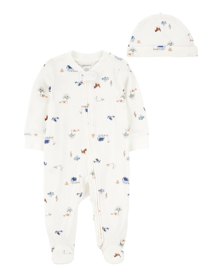 CARTER'S Set 2dílný overal na zips Sleep&Plays, čepice Blue Print kluk NB, vel. 56