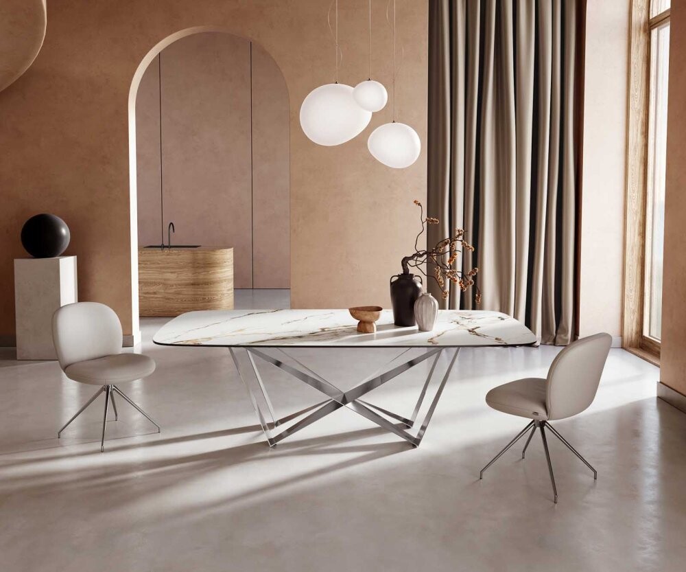 Jídelní stůl Edge oválný 240x120 keramika Calacatta Luxe bílá-zlatá