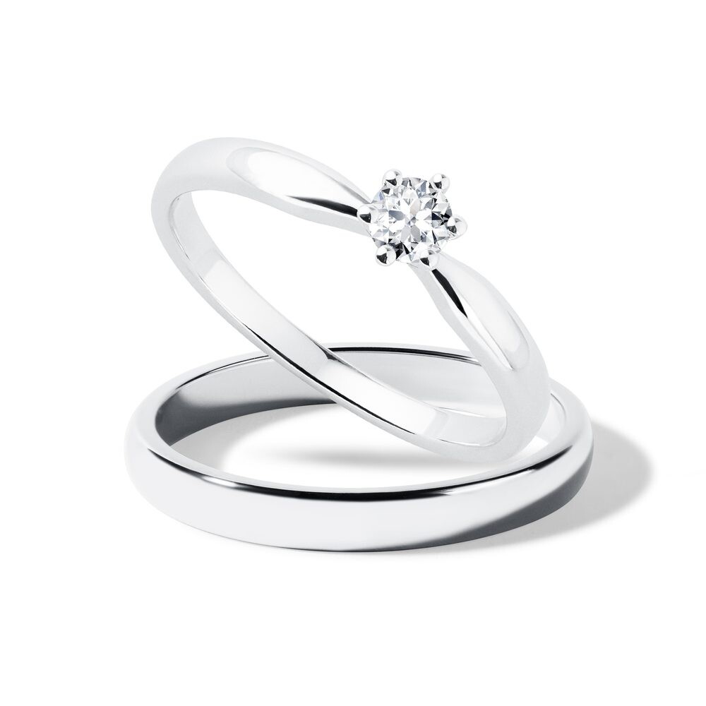 Set svatebních prstenů v lesku v bílém 14k zlatě KLENOTA