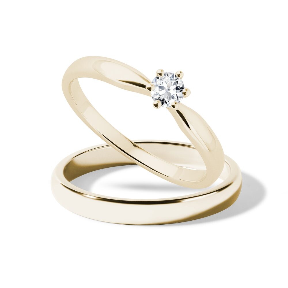 Set svatebních prstenů v lesku ve žlutém 14k zlatě KLENOTA