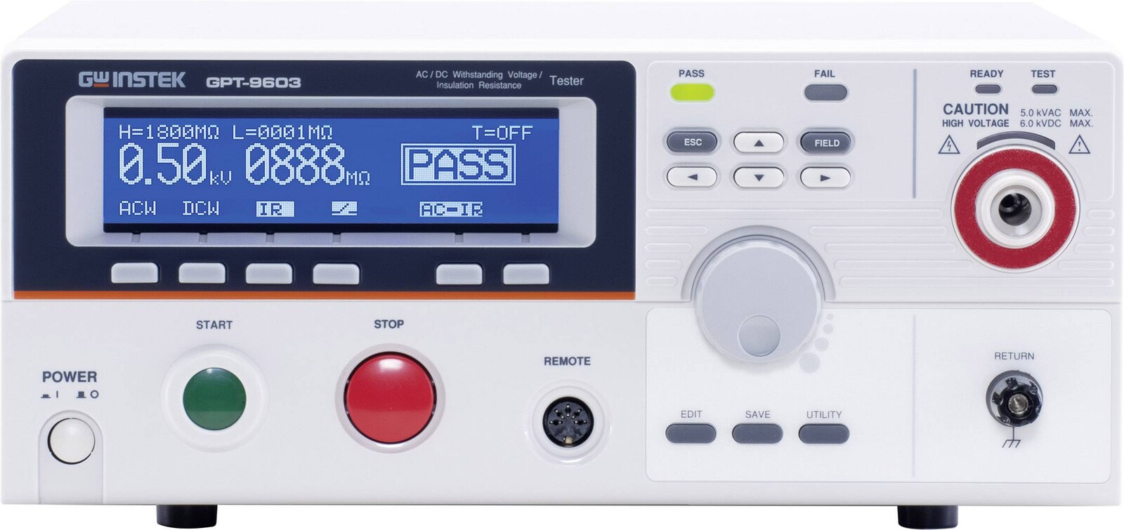 GW Instek GPT-9603 tester izolací, Surge tester 100 V, 250 V, 500 V, 1000 V, 2000 MΩ