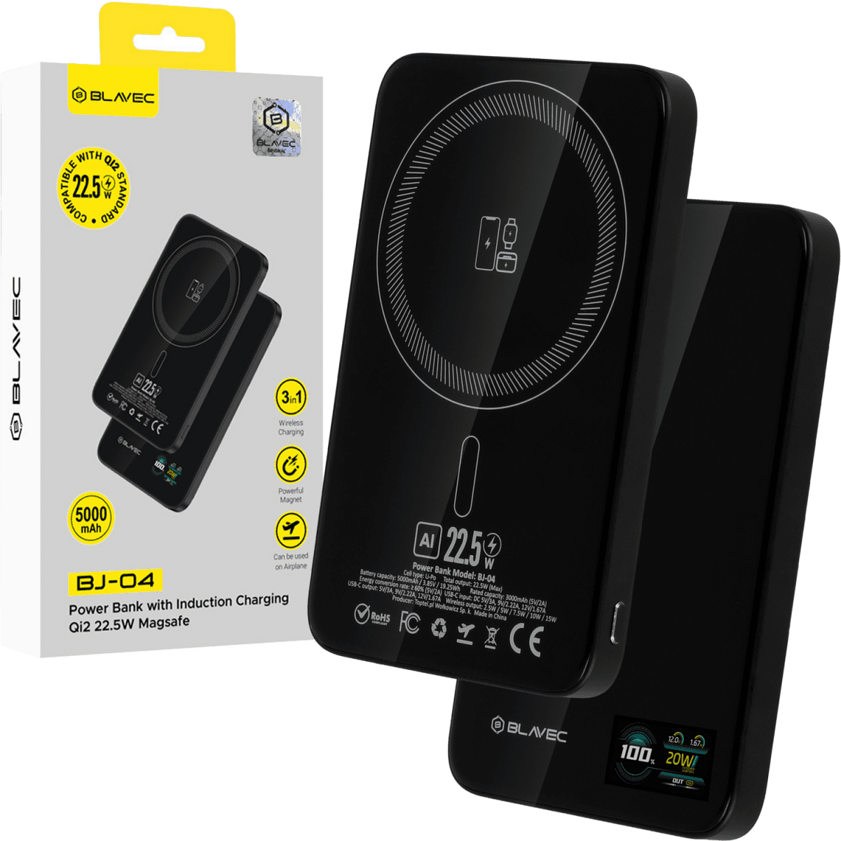 Powerbank Blavec BJ-04 Ultra Slim 7,8mm 5000mAh USB-C magnetic Magsafe 3v1 (PBBJ04-MC5B) 22,5W black