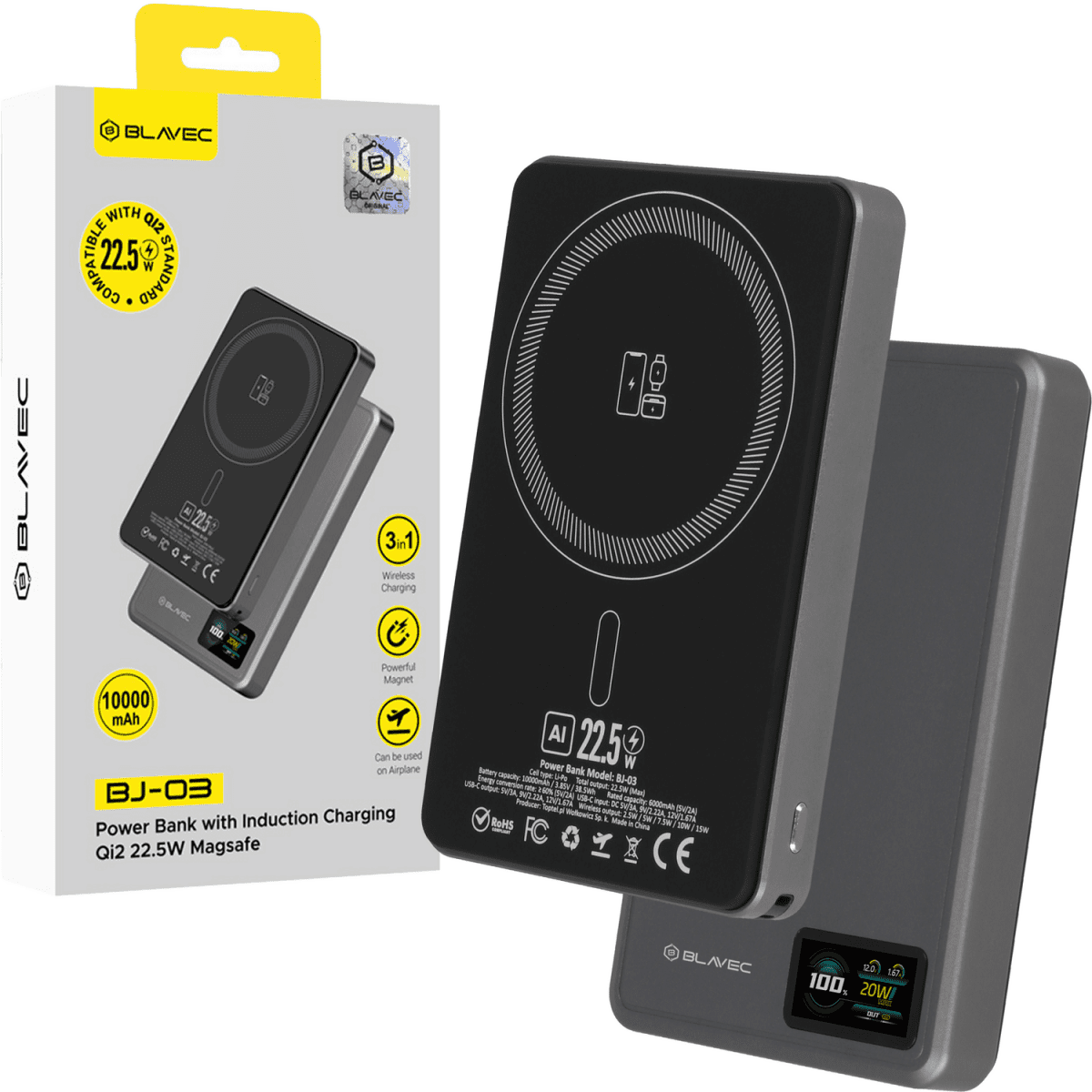 Powerbank Blavec BJ-03 Slim 13,5mm 10000mAh USB-C magnetic Magsafe 3v1 (PBBJ03-MC10G) 22,5W grey