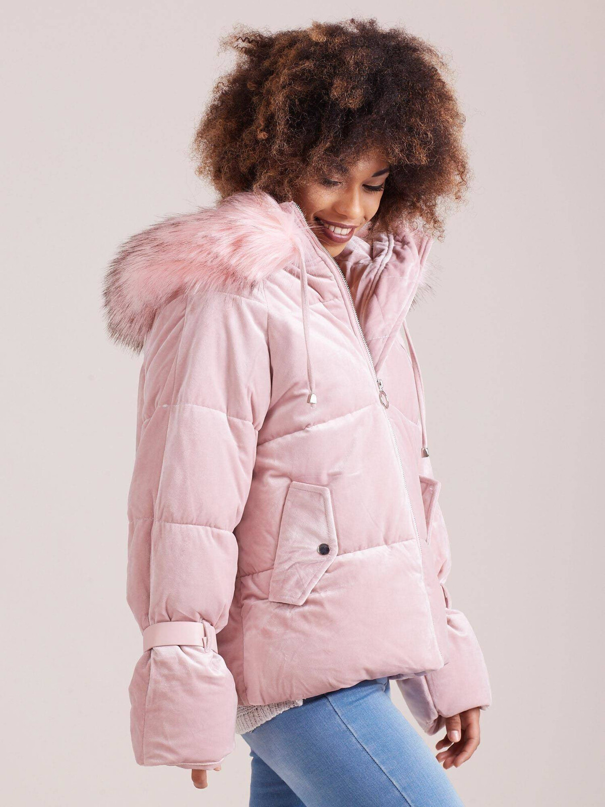 Velour puffer jacket short pink