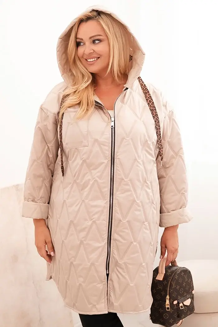 Kesi Włoski Dámská bunda Plus Size prošívaná s kapucí a nápisem HOPE tmavě béžová