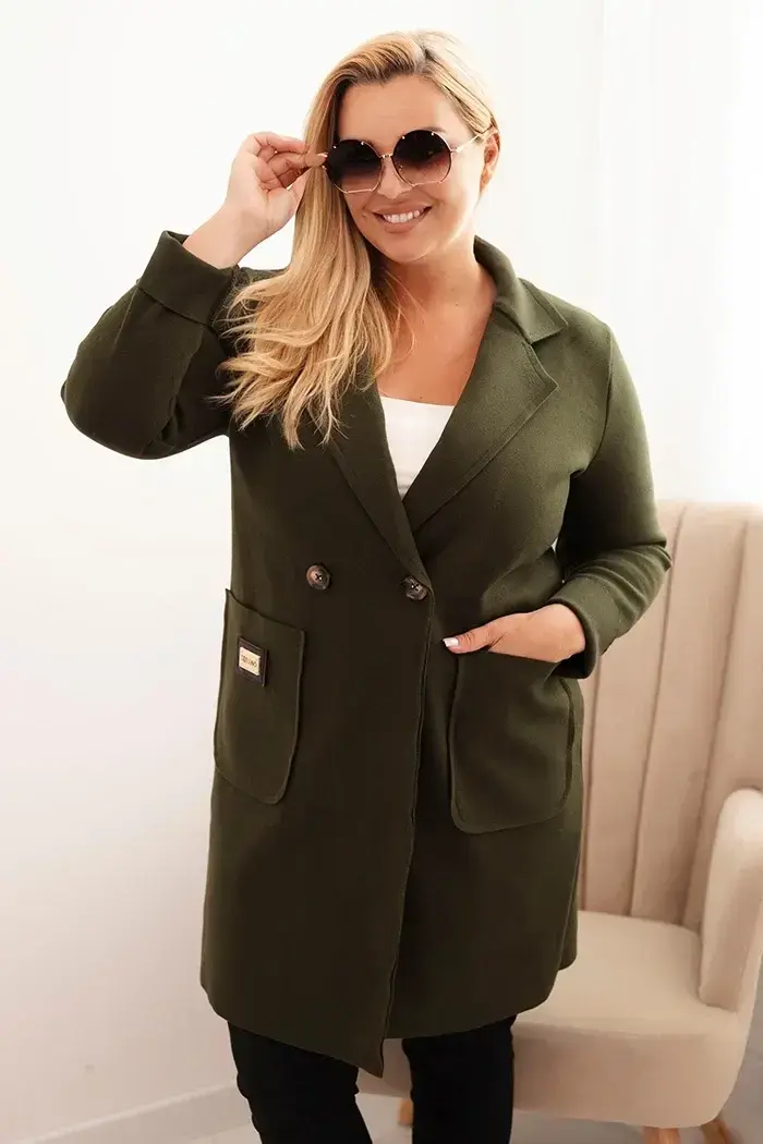 Kesi Włoski Dámský elegantní plášť Plus Size s límcem a velkými kapsami khaki