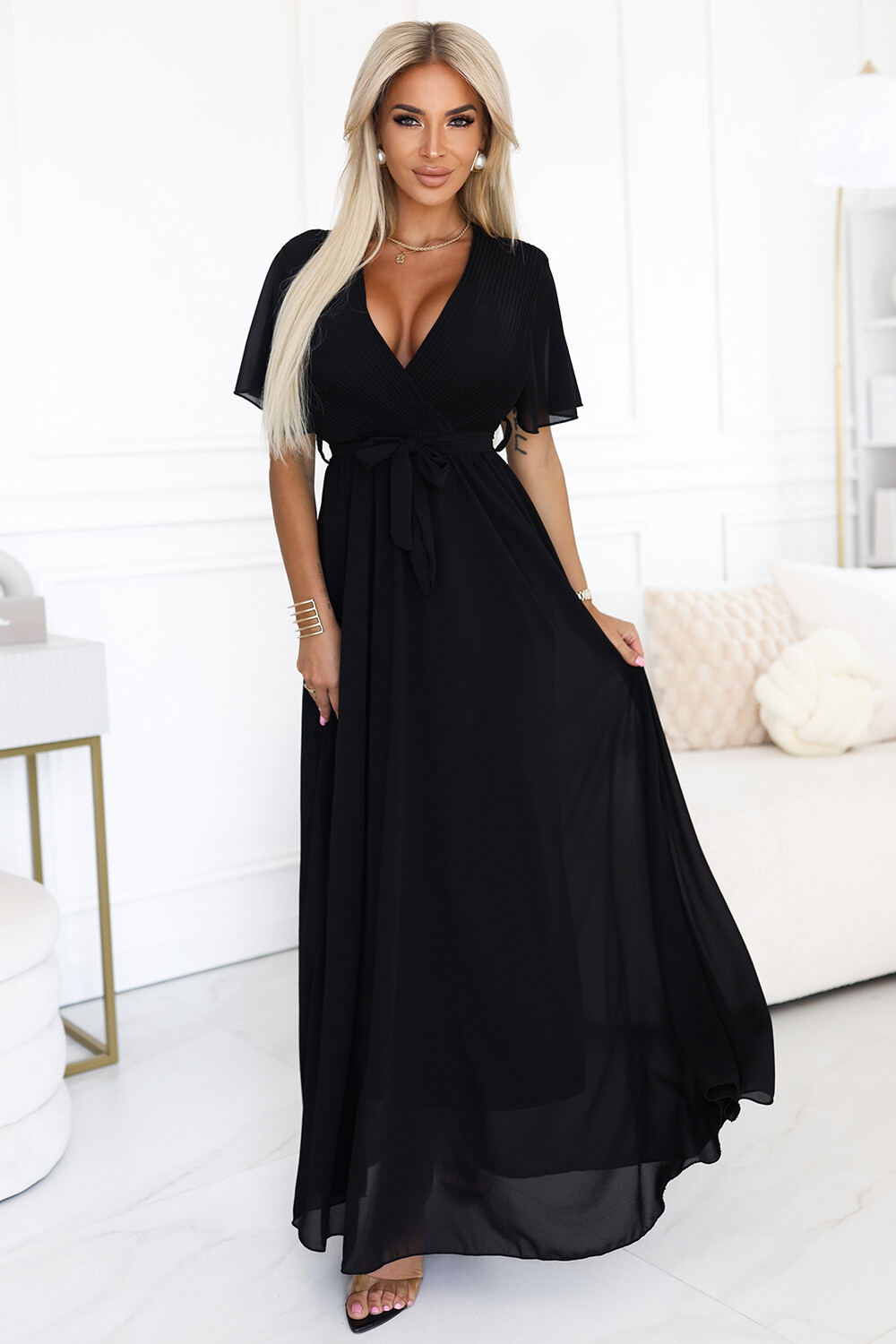 545-5 Long dress with pleated neckline and tie - black