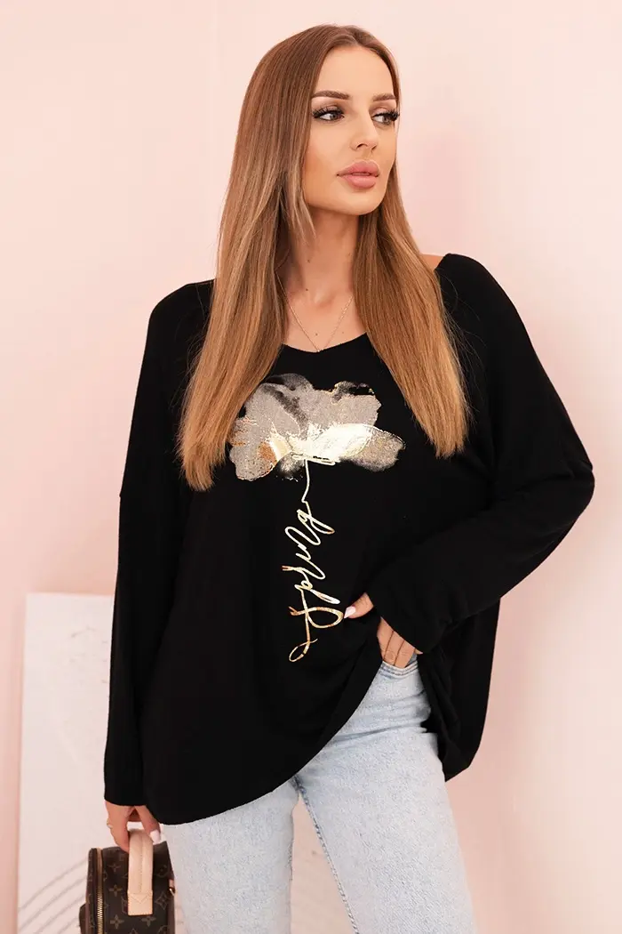 Kesi Włoski Dámská blůza z viskózy s dlouhým rukávem a zlatým květinovým potiskem černá