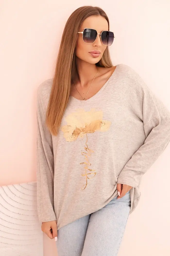 Kesi Włoski Dámská blůza z viskózy s dlouhým rukávem a zlatým květinovým potiskem béžový melír