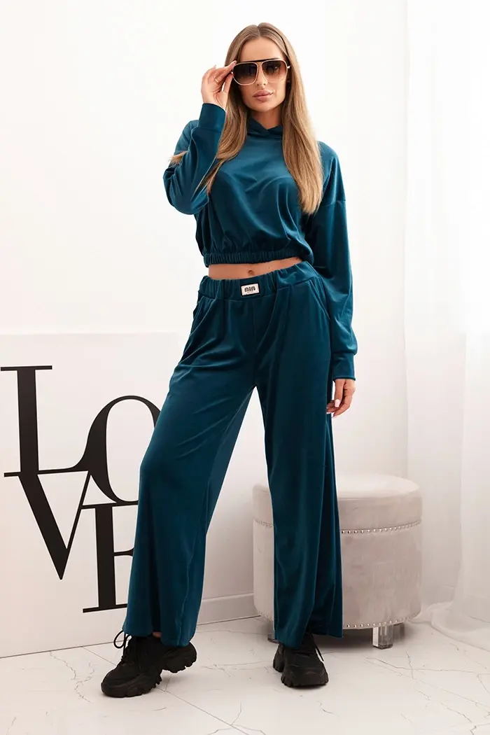 Kesi Włoski Dámská souprava z veluru s širokými nohavicemi a mikinou s kapucí chabrová